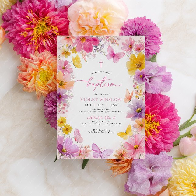 Invitation Papillon Floral Baptême Christening Fille Clair (Bright Floral Baptism Invitation in pink, purple, yellow and peach. Baptism or Christening )