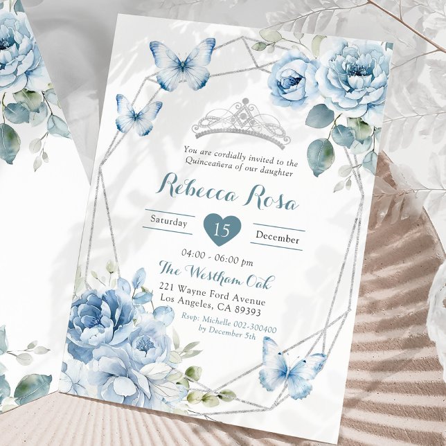 Invitation Papillon floral bleu Dusty Quinceañera (Créateur téléchargé)