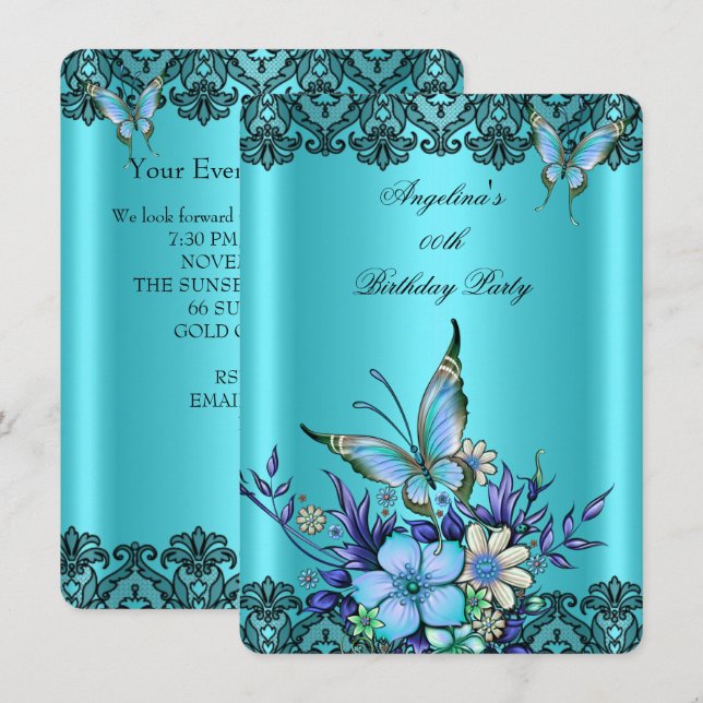 Invitation Papillon floral bleu sarcelle noir dentelle annive (Devant / Derrière)