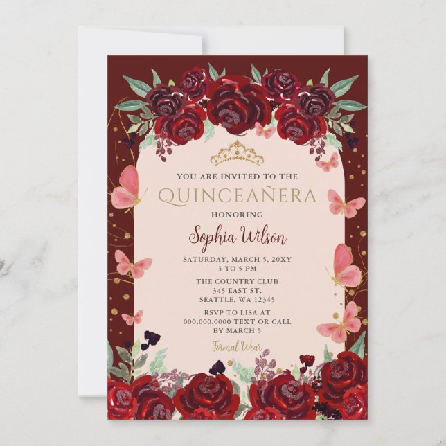 Invitation Papillon floral de Bourgogne Quinceañera Quince (Devant)