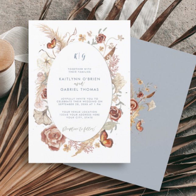 Invitation Papillon Floral de Fleur Sauvage Bleu Poussiéreux  (Créateur téléchargé)