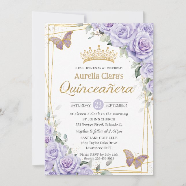 Invitation Papillon floral de lavande violette Quinceanera or (Devant)