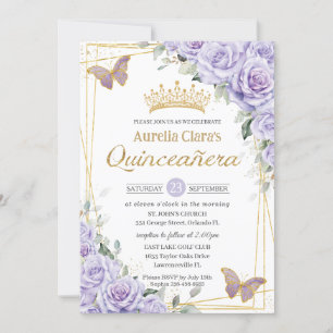 Invitation Papillon floral de lavande violette Quinceanera or