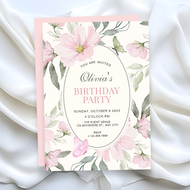 Invitation Papillon floral doux rose anniversaire (Créateur téléchargé)