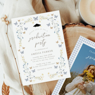 Invitation Papillon floral Dusty Blue Photo Graduation