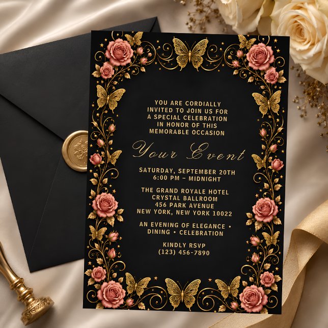 Invitation Papillon Floral Fête Or Noir (Créateur téléchargé)