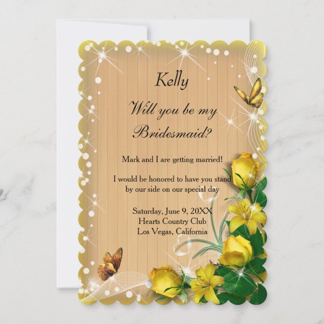 Invitation Papillon floral jaune rustique en bois (Devant)