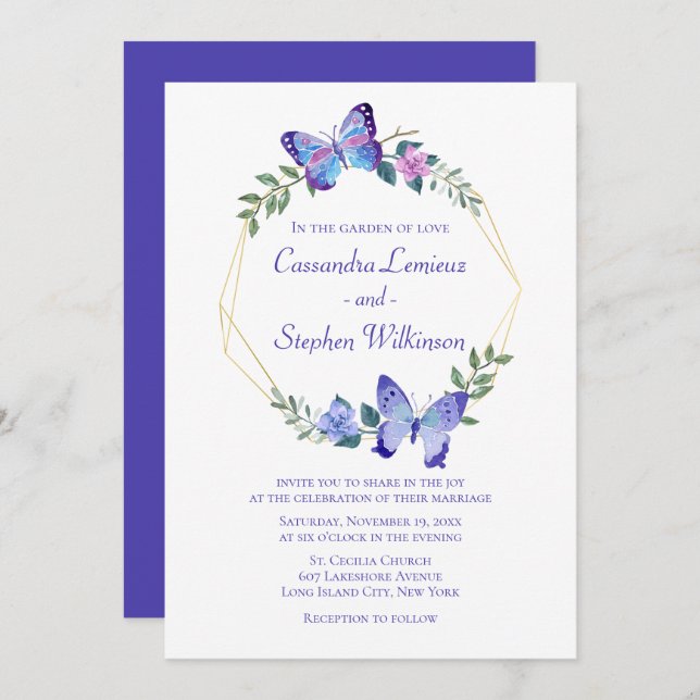 Invitation Papillon floral Mariage Navy Papillons bleus (Devant / Derrière)