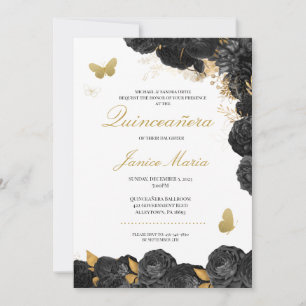 Invitation Papillon floral noir & or Elégant Quinceañera