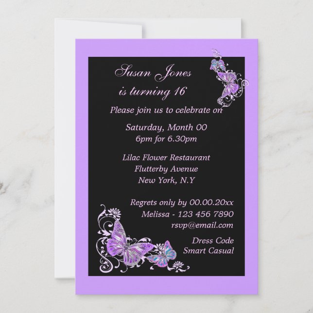 Invitation Papillon floral noir violet PERSONALISER (Devant)