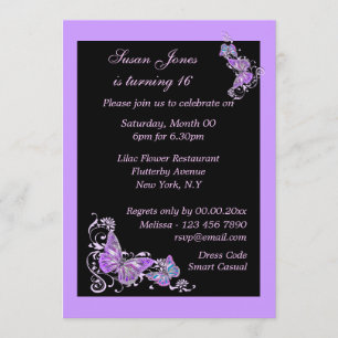 Invitation Papillon floral noir violet PERSONALISER