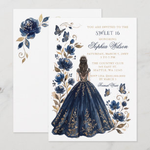Invitation Papillon floral or et marine Princesse Sweet 16