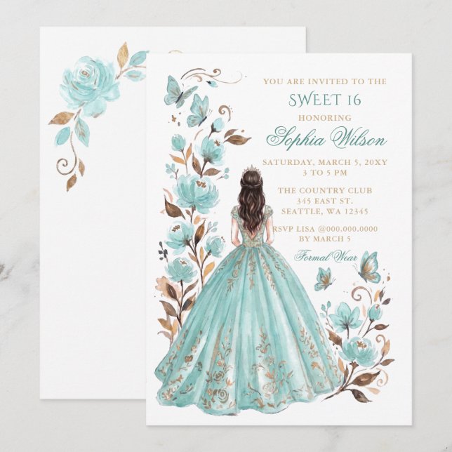 Invitation Papillon floral or turquoise Princesse Sweet 16 (Devant / Derrière)