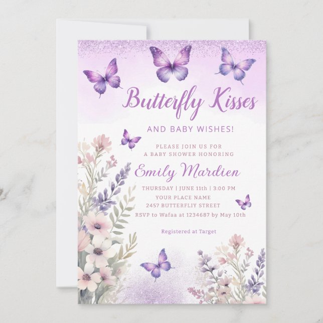 Invitation Papillon floral pourpre Baisers Baby shower fille (Devant)
