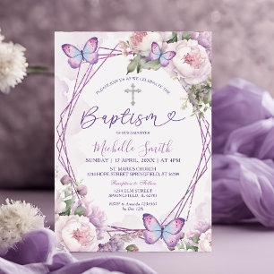 Invitation Papillon floral pourpre Dusty Girl Argent Baptême