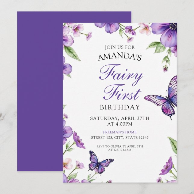 Invitation Papillon floral pourpre fée Premier anniversaire (Devant / Derrière)