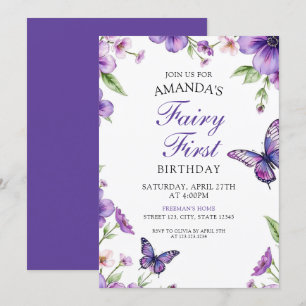 Invitation Papillon floral pourpre fée Premier anniversaire