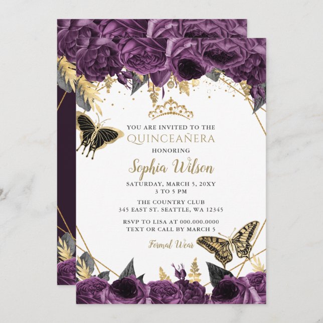 Invitation Papillon floral pourpre or Quinceañera (Devant / Derrière)