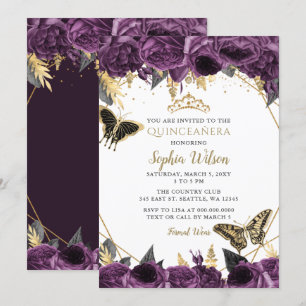 Invitation Papillon floral pourpre or Quinceañera