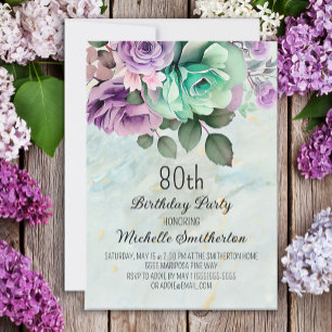 Invitation Papillon floral pourpre vert Mint 80e anniversaire
