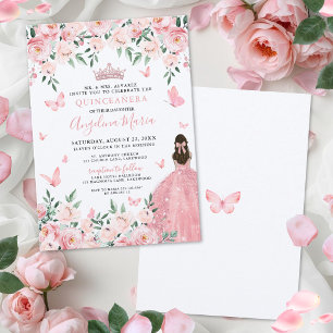 Invitation Papillon Floral Quinceanera Rose Foncé
