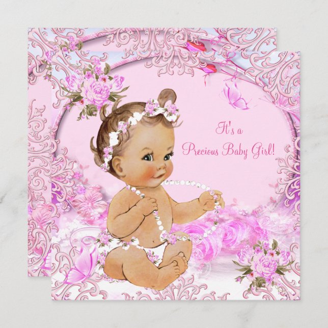 Invitation Papillon floral rose Baby shower féminin précieux (Devant / Derrière)