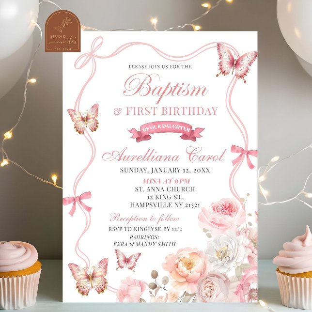 Invitation Papillon Floral Rose Baptême & 1er Anniversaire (Créateur téléchargé)