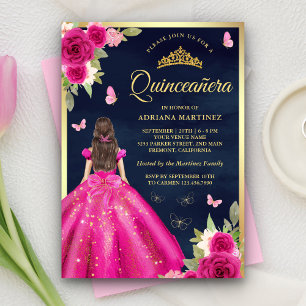 Invitation Papillon Floral Rose Chaud Navy Or Quinceanera