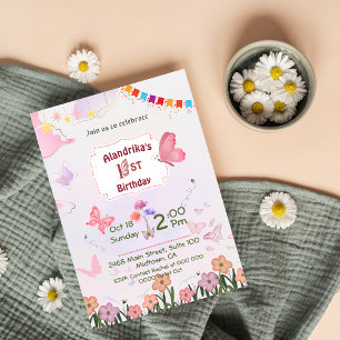 Invitation Papillon floral rose et blanc 1er anniversaire mod