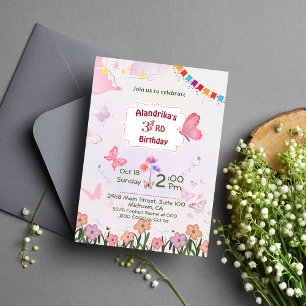 Invitation Papillon floral rose et blanc mignon 3e anniversai