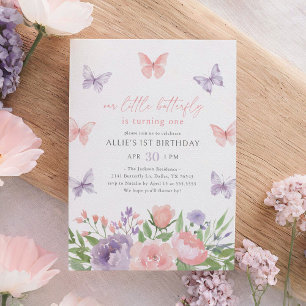 Invitation Papillon floral rose et violet 1er anniversaire