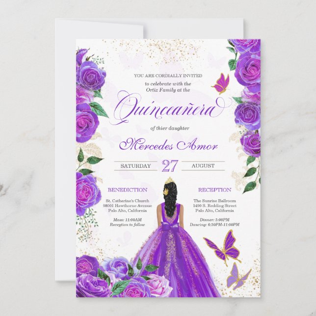 Invitation Papillon Floral Rose pourpre Mariposa Quinceanera (Devant)