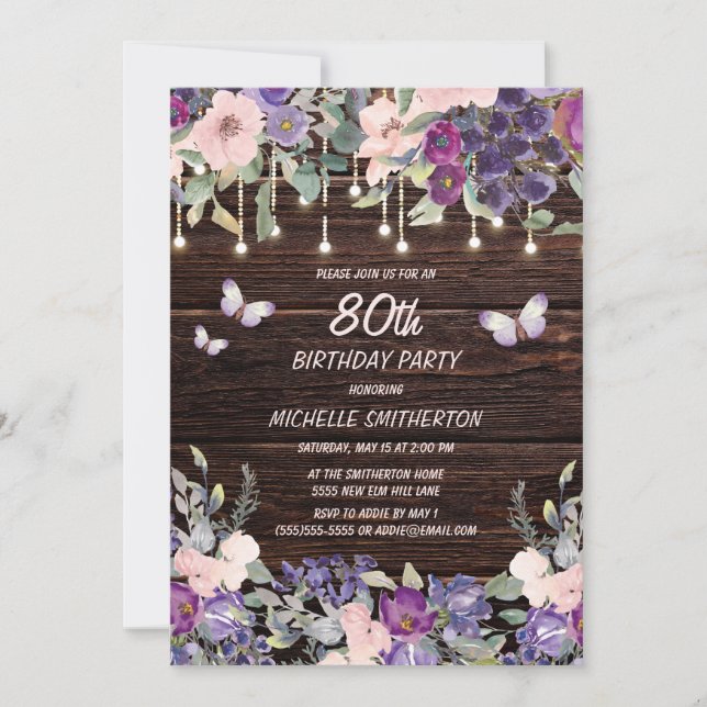 Invitation Papillon floral rose pourpre Rustique 80e annivers (Devant)