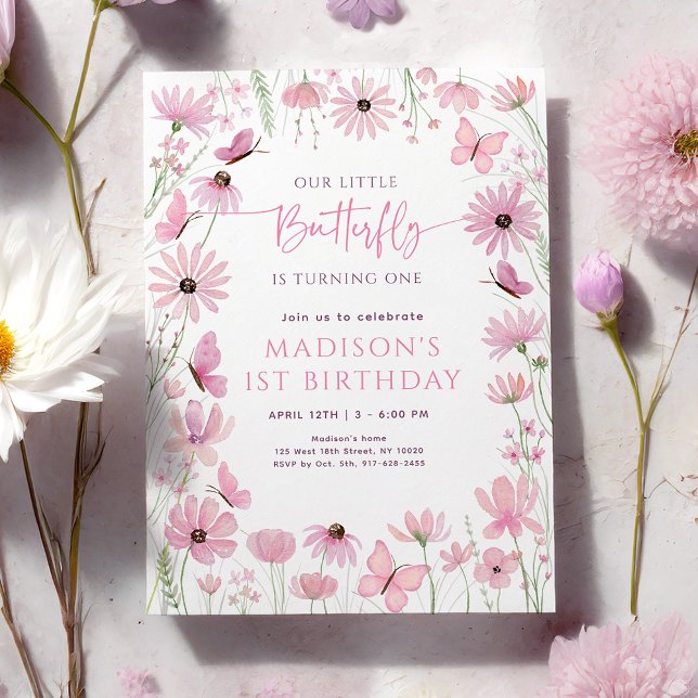 Invitation Papillon Floral Rose Premier Anniversaire (Créateur téléchargé)