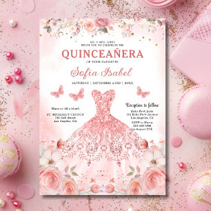 Invitation Papillon floral rose rose pâle Quinceañera