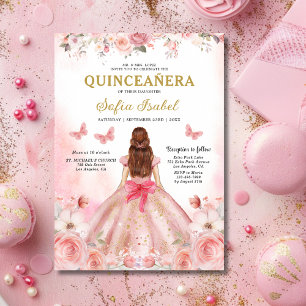 Invitation Papillon floral rose rose pâle Quinceañera