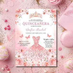 Invitation Papillon floral rose rose pâle Quinceañera