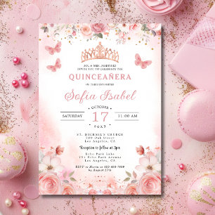 Invitation Papillon floral rose rose pâle Quinceañera