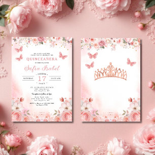 Invitation Papillon floral rose rose pâle Quinceañera