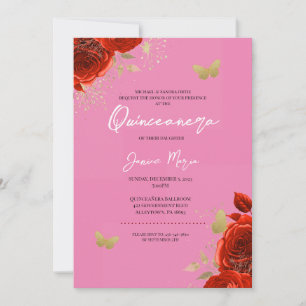 Invitation Papillon floral rose rouge élégant Quinceañera