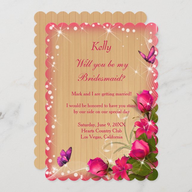 Invitation Papillon floral rose rustique en bois (Devant / Derrière)