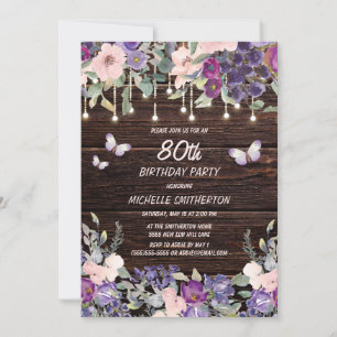 Invitation Papillon floral rose violet 80e anniversaire