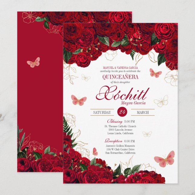 Invitation Papillon floral rouge et or élégant Quinceanera (Devant / Derrière)