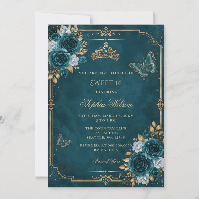 Invitation Papillon floral sarcelle or doux 16 (Devant)