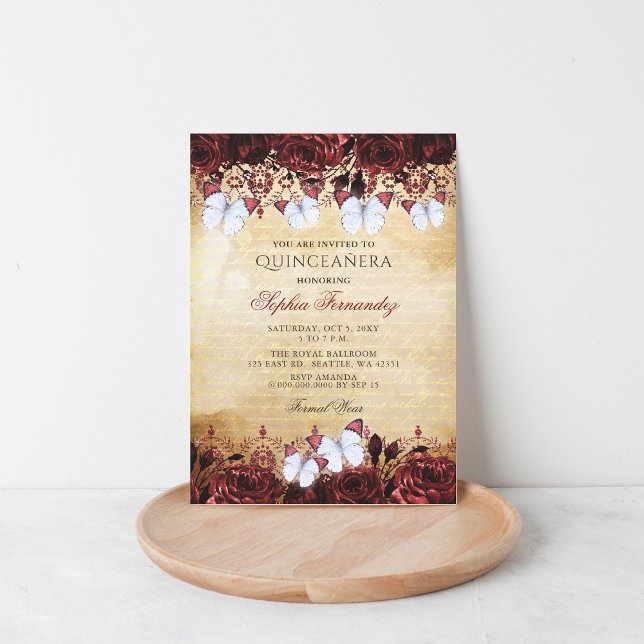 Invitation Papillon floral vintage Quinceañera (Vintage Red Floral Butterfly Quinceañera Invitation)