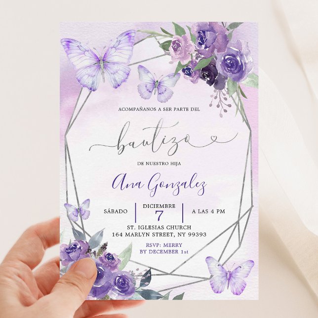 Invitation Papillon floral violet géométrique espagnol Bautiz (Créateur téléchargé)