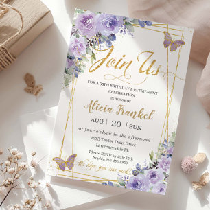 Invitation Papillon floral violet Lilac Anniversaire Retraite