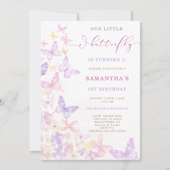 Invitation Papillon Floral Violet Rose Anniversaire (Devant)