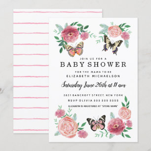 Invitation Papillon Florals rose bébé Baby shower fille