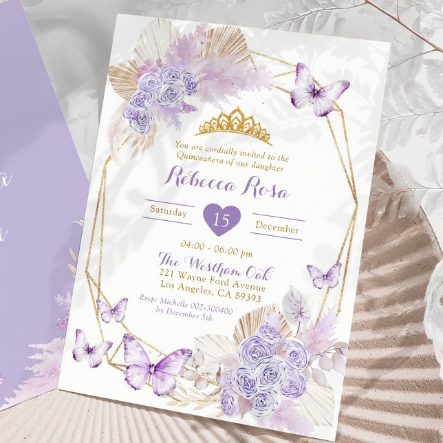 Invitation Papillon géométrique Boho violet Quinceañera (Créateur téléchargé)